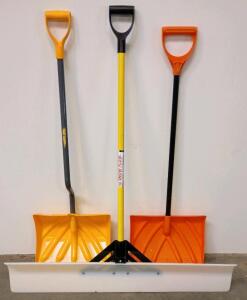 (3) Temper Snow Shovels And Pusher With Steel Wear Strips And D-Grip Handles