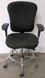 Black Fabric Drafting Chair With Adjustable Armrests, Foot Ring, Chrome Base, Casters, 250 lb Capacity