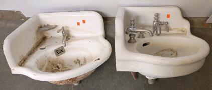 (2) Vintage Wall-Mounted Porcelain Bathroom Sink, 22"x18", Faucet, White, Early 20th Century