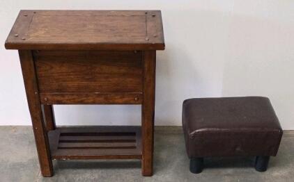 Mission Style Oak Side Table With Lower Shelf & Brown Upholstered Footstool 24"x18"x12" 12"x10"x9"