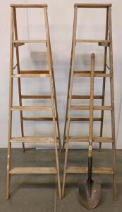 (2) Werner W336 6 Ft Wooden Step Ladder, Type III, 200 lb Capacity, Light Duty Household & Wooden Handle Shovel