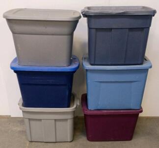Set Of 6 Assorted 18-Gallon Plastic Storage Totes With Snap-On Lids