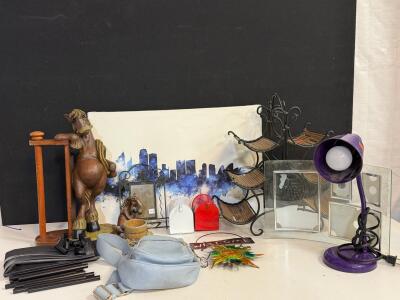 Assorted Home D&eacute;cor Lot: Figurines, Art, Lamp, Organizer, Bag, and More