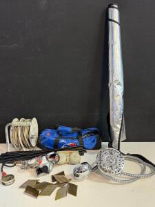 Mixed Lot: 50ft Extension Cord Reel, Tire Chains, Showerhead, Nails, Tray & Hardware