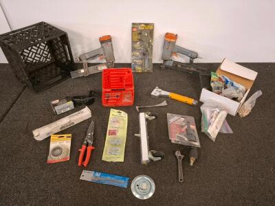 Assorted Tools Lot &ndash; Pneumatic Nailers, Dremel 290, Rain Bird Nozzles, Rivets, Hardware, Crate