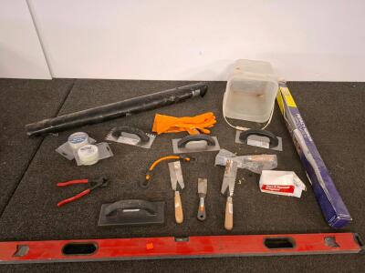 Mixed Construction Hand Tools Lot &ndash; Tile Floats, Notched Trowels, Level, Pliers, Saws, Tape, black plastic roll