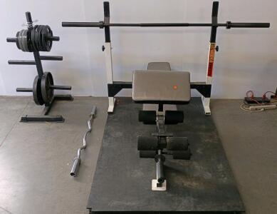 Weider Pro 875 Adjustable Weight Bench Set w/Olympic Bar, EZ Curl Bar, Hampton Plates, Rack & (3) 6'x4'x1" Black Rubber Mat