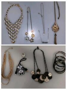Mixed Gold & Silver Tone Fashion Necklace Lot &ndash; Statement Bib, Flowers, Cross, Blessed, Tassel, and more