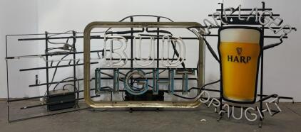 Bud Light and Harp Lager Draught Neon Bar Sign Combo With Un built Sign Frame