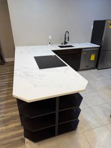 *OFFSITE* Contemporary Espresso Kitchen Island Set, Quartz Countertop, Sink Cutout, Cooktop Opening, Shelves