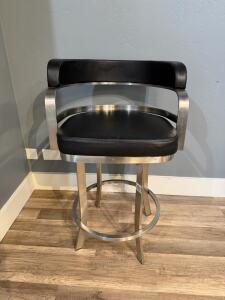 *OFFSITE* Modern Brushed Stainless Steel Bar Stool, Black Faux Leather, Swivel Seat, Backrest & Footrest