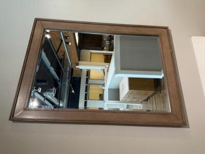 *OFFSITE*Large Wall Mirror, Wood Frame, Beaded Trim, Light Brown Finish, Approx. 35"x45", Beveled Edge