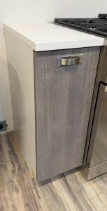 *OFFSITE* Gray Woodgrain Kitchen Base Cabinets with Pull-Out Organizer, Modern Bar Handle