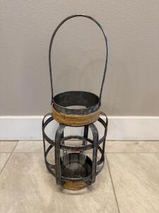 *OFFSITE* Metal & Glass Lantern with Rope Accents, 16" Hanging Candle Holder with Handle Rustic Decor