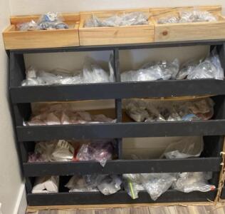 OFFSITE. Bulk Lot Assorted Hardware Parts with Multi-Shelf Organizer, 100+ Bags, Amco, 48"x36" Cabinet