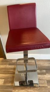 OFFSITE. Red Adjustable Bar Stool, Chrome Base, Padded Seat & Back, Footrest, Modern Design