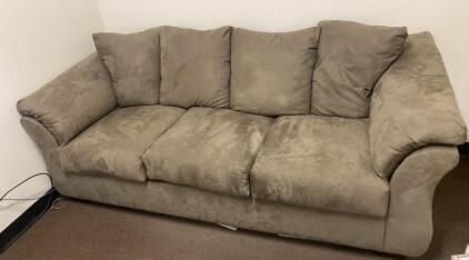 OFFSITE. Microfiber Three-Cushion Sofa, Taupe, Rolled Arms, 85"x38"x37" Standard Couch, Seats 3