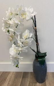 OFFSITE. Artificial White Phalaenopsis Orchid Arrangement in Decorative Blue Ceramic Vase, 30&rdquo; Tall