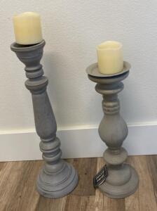 OFFSITE. Home Accent Wooden Pedestal Candle Holders, Set of 2, Light Gray Distressed Finish