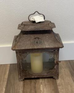 OFFSITE. Vintage Metal Lantern, Ornate Pagoda Roof, Glass Panels, Rustic Patina, 15" Tall, Pillar Candle