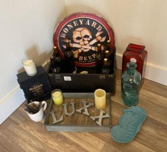 OFFSITE. Home Decor Lot - Boneyard Beer Sign , Vases , Empty Wine Bottles and More