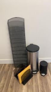 OFFSITE. Mesh Wall File Organizer, 2 Letter Sorters, 13 Gal Stainless Pedal & Small Trash Can Bundle