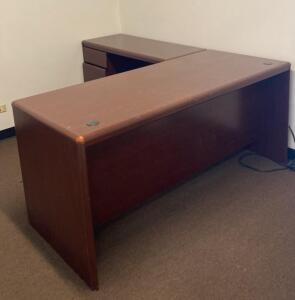 OFFSITE. L-Shaped Executive Desk with Mahogany Laminate Finish, Two Drawer Pedestals, and Cable Management