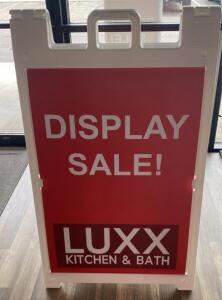 OFFSITE. Plastic A-Frame Sidewalk Sign, 27&rdquo;x47&rdquo;" Double-Sided, White Frame, Red Sign Face