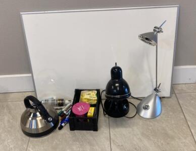OFFSITE. Whiteboard 24"x36" with Expo Markers, Desk Lamps, Stainless Kettle, Sweeteners, Storage