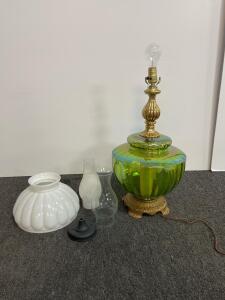 Vintage Electric Parlor Lamp with Iridescent Green Glass Base and White Milk Glass Shade