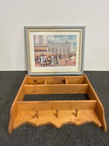 Framed Market Scene Print with Silver-Tone Frame and Wooden Wall Shelf with Hooks