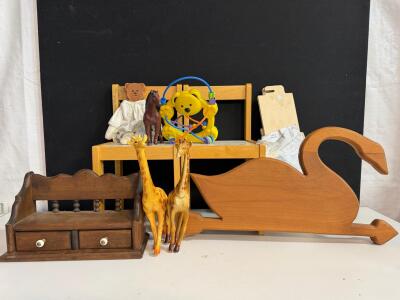Vintage Children's Wooden Furniture Lot: 2 Chairs, Bench, Swan Decor, Toys, and DIY Kit