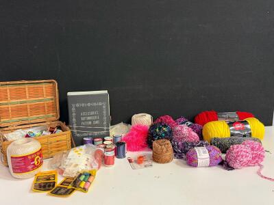 Mixed Lot: 50+ Thread Spools, 17 Yarn Skeins, Singer Needles, Sewing Basket & Notions