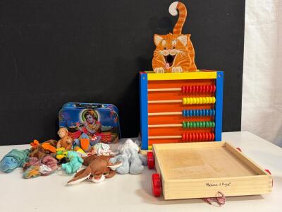 Melissa & Doug Wooden Toys, Krishna Lunch Box, TY Beanie Babies Toy Lot, Cat Abacus, 9 Plush
