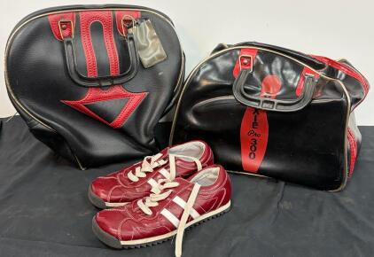 Vintage Spartann Size 6.5 Bowling Shoes & Two Retro Single-Ball Bags Gaxie Pro 300 Black Red