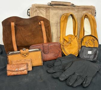 Vintage Leather Wallets, Gloves, Moccasins, Tote & Briefcase Lot &ndash; Tooled & Suede, 7+ Items