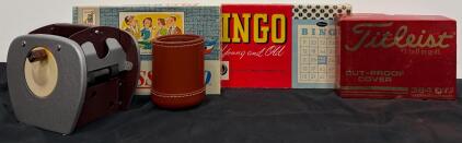 Vintage 1960s Password Board Game, Bingo Sets, Selector Cage, Dice Cup, Titleist 384 DT Box Lot