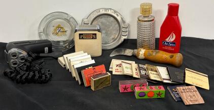Vintage Collectibles Lot: Ashtrays, Matchbooks, Old Spice Aftershave, Electric Shavers, Knife