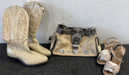 Cowgirl Boots, a Purse, High Heels