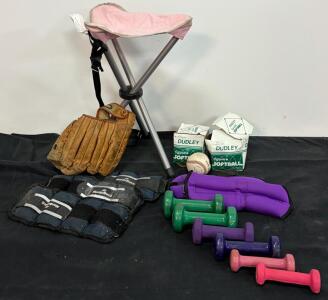 Mixed Lot Dudley Softballs, Softball Glove, Vinyl Dumbbells, NordicTrack Ankle Weights, Folding Stool
