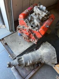 Chevrolet 350 Small Block Engine, 3970010 Casting, Edelbrock Carb & Intake, 1969&ndash;80 Era, Partial VIN, with a transmission
