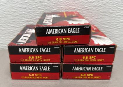 American Eagle 6.8 SPC 115 Grain FMJ Brass Case, 5 Boxes, 100 Rounds Total, Federal AE68A