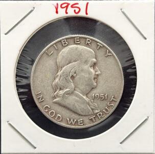 1951-S Franklin Half Dollar 90% Silver, San Francisco Mint, Circulated, 13.7M Mintage
