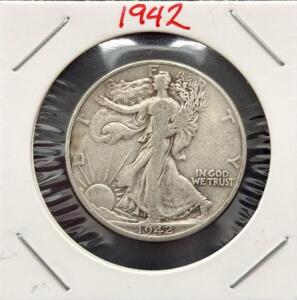 1942 Walking Liberty Half Dollar, 90% Silver, Philadelphia Mint, Circulated Condition