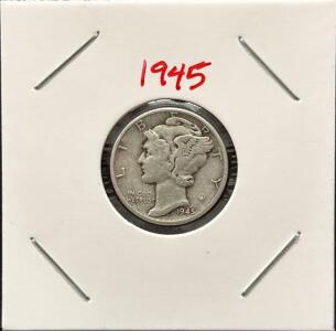 1945 Mercury Dime, 90% Silver, Philadelphia Mint, Circulated, Winged Liberty Head