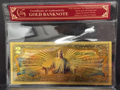 24K Gold-Plated $2 Commemorative Note &ndash; Jesus Christ & Declaration of Independence Design