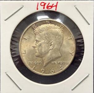 1964 Kennedy Half Dollar, 90% Silver, U.S. Mint, Circulated, Obverse/Reverse Holdered Coin