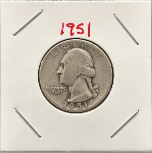 1951-D Washington Quarter, 90% Silver, Denver Mint, Heavily Circulated