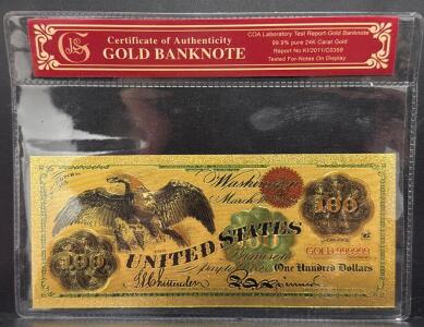 24K Gold-Plated 1863 US $100 Legal Tender Note Replica with COA