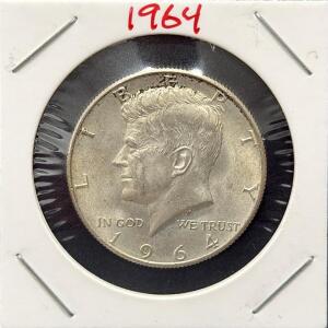 1964 Kennedy Half Dollar, 90% Silver Coin, Philadelphia Mint, Circulated, Cardboard Holder